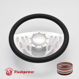 Flames 14" Satin Billet Steering Wheel Kit Full Wrap with Horn Button and Adapter