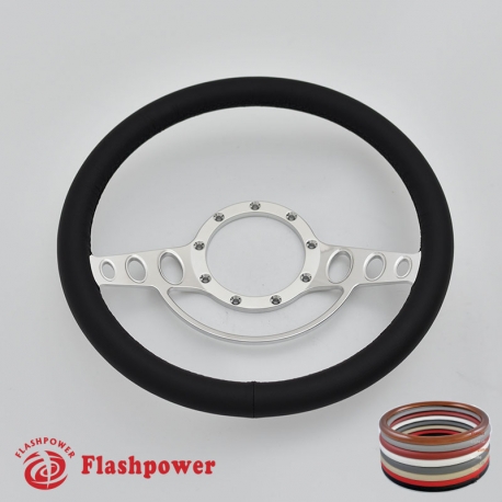 Flashpower 14 Flames Billet Full Wrap 9 Bolts Steering Wheel with 2 Dish and Horn Button Tan 