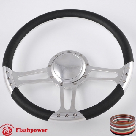 Flashpower 14 Billet Half Wrap 9 Bolts Steering Wheel with 2 Dish and Horn Button Light Grey