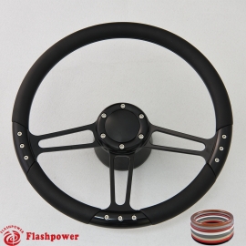 Trinity VI 14" Black Billet Steering Wheel Kit Half Wrap with Horn Button and Adapter