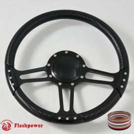 14" Black Billet Steering Wheel With Blue Half Wrap and Horn Buton