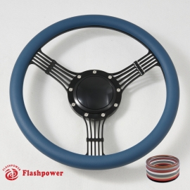 14" Polished Billet Steering Wheel With Blue Half Wrap and Horn Buton