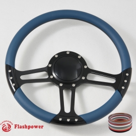 14" Black Billet Steering Wheel With Blue Half Wrap and Horn Buton