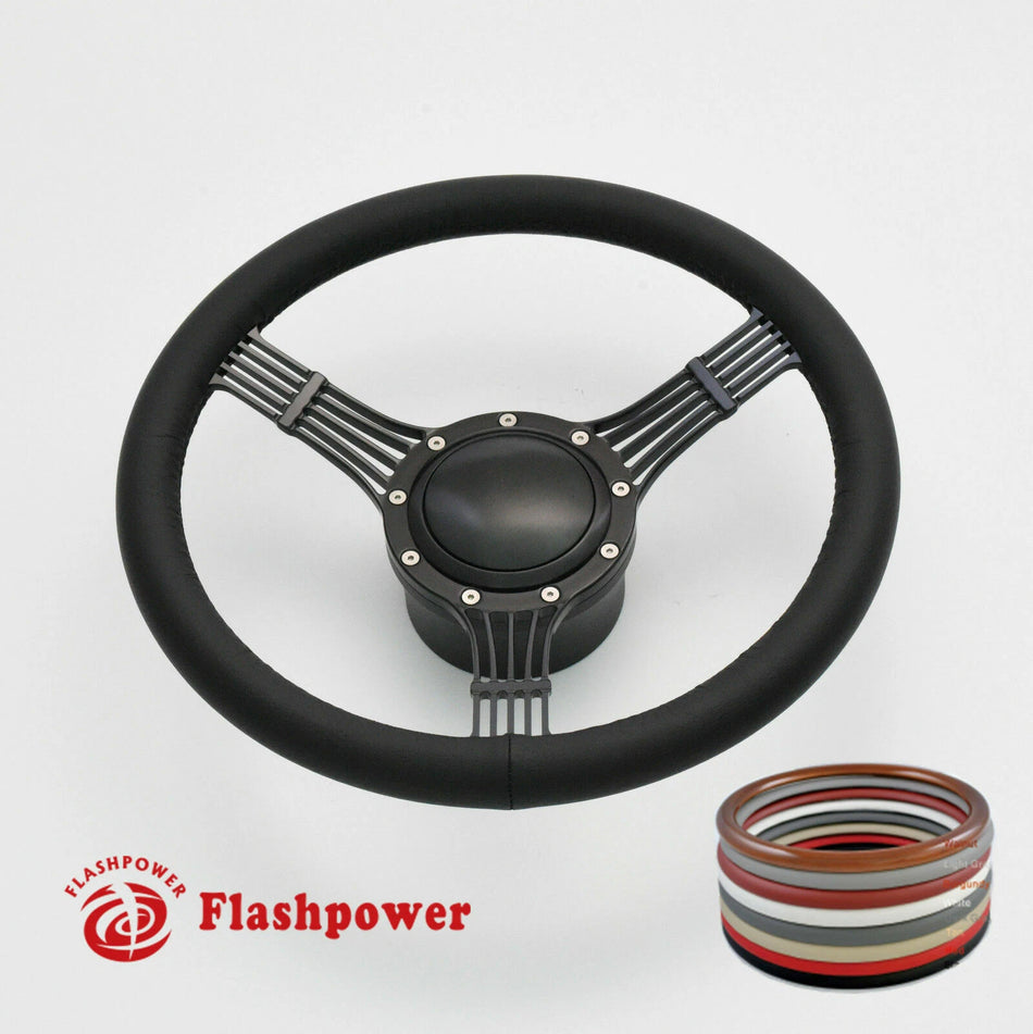 14" Billet Aluminum 9 Hole Steering Wheel Kit Black Full Wrap w/ Horn & Adapter