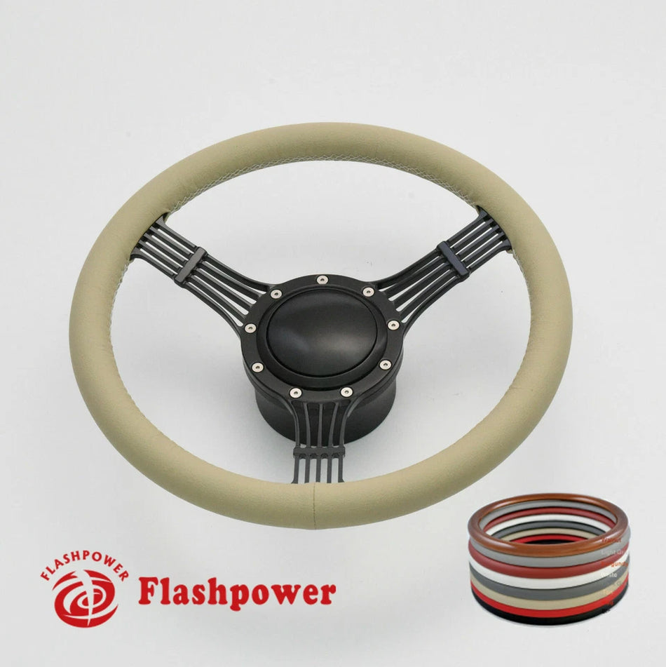 14" Billet Aluminum 9 Hole Steering Wheel Kit Black Full Wrap w/ Horn & Adapter