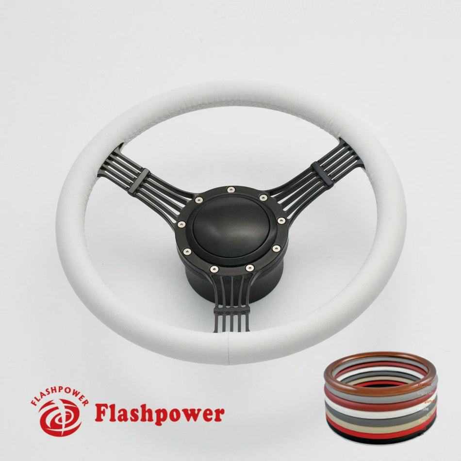 14" Billet Aluminum 9 Hole Steering Wheel Kit Black Full Wrap w/ Horn & Adapter