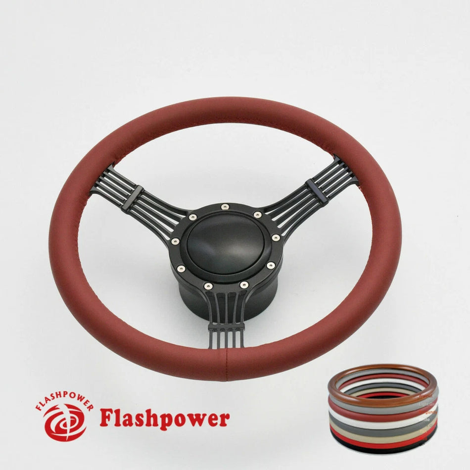 14" Billet Aluminum 9 Hole Steering Wheel Kit Black Full Wrap w/ Horn & Adapter