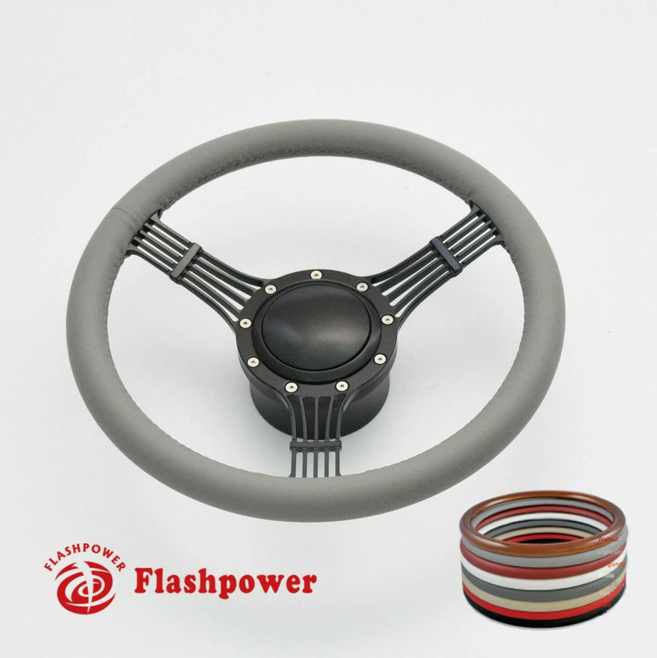 14" Billet Aluminum 9 Hole Steering Wheel Kit Black Full Wrap w/ Horn & Adapter