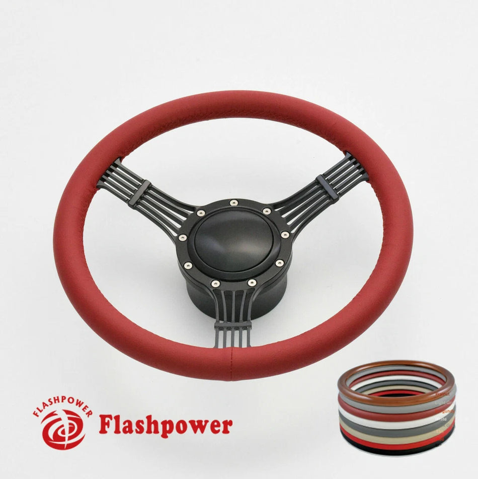 14" Billet Aluminum 9 Hole Steering Wheel Kit Black Full Wrap w/ Horn & Adapter