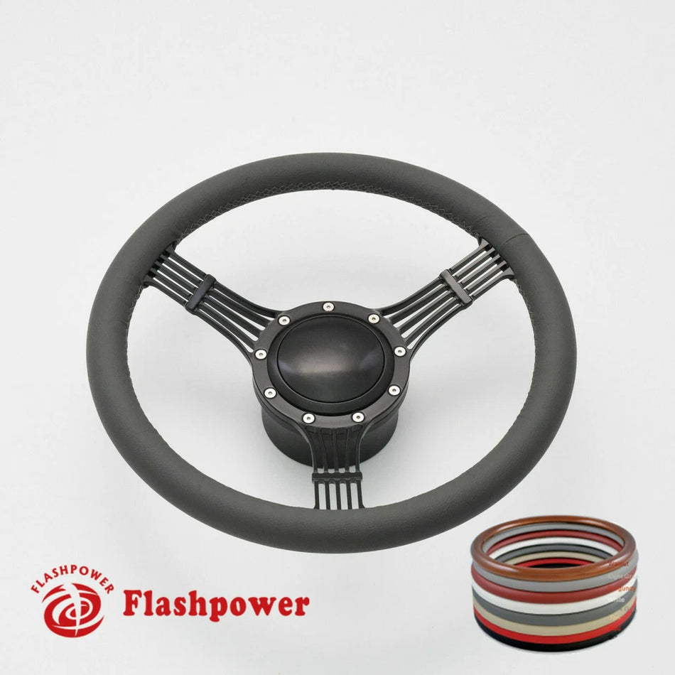 14" Billet Aluminum 9 Hole Steering Wheel Kit Black Full Wrap w/ Horn & Adapter
