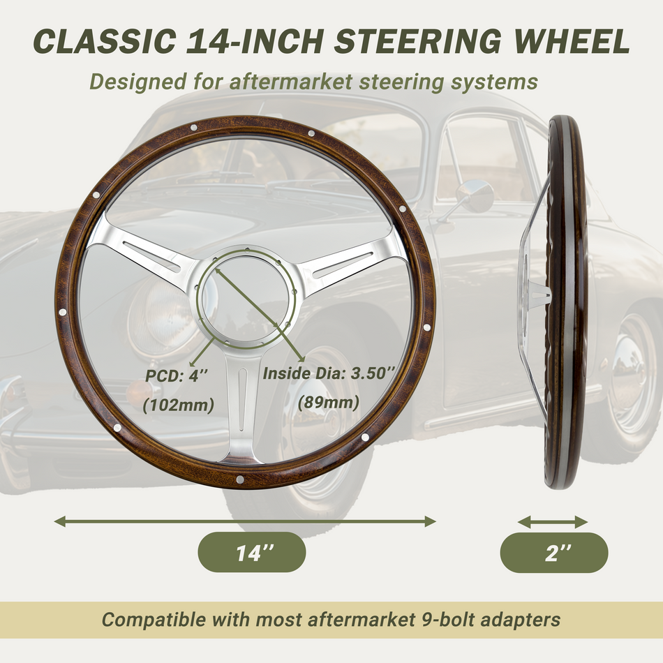 14'' Classic Wood Grain Steering Wheel Restoration VW Transporter Karmann W/ Horn