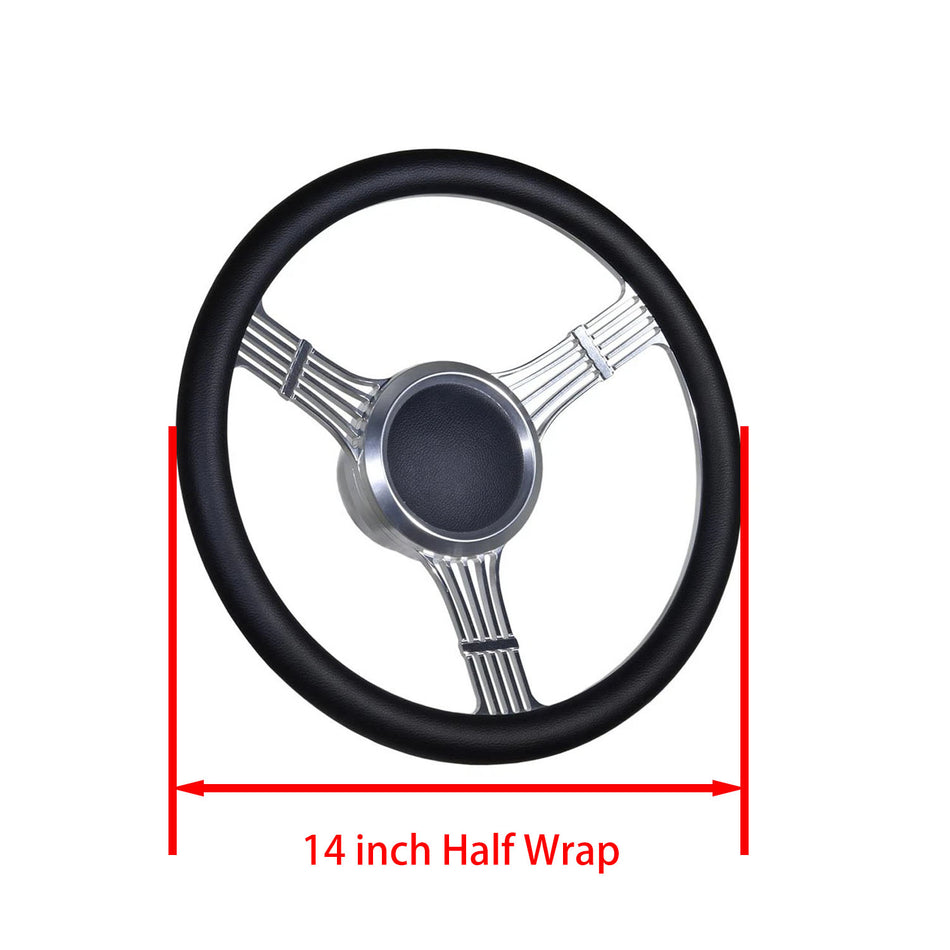 Flashpower 14'' Marine Boat Steering Wheel Satin banjo style with Black Half Wrap and 3/4'' Tapered Keyway Adapter Compatible with Boats