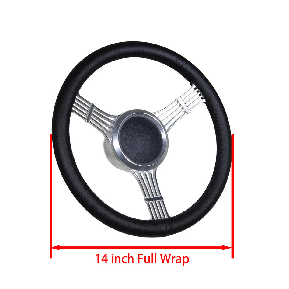 Flashpower 14'' Marine Boat Steering Wheel Satin banjo style with Black Full Wrap and 3/4'' Tapered Keyway Adapter Compatible with Boats