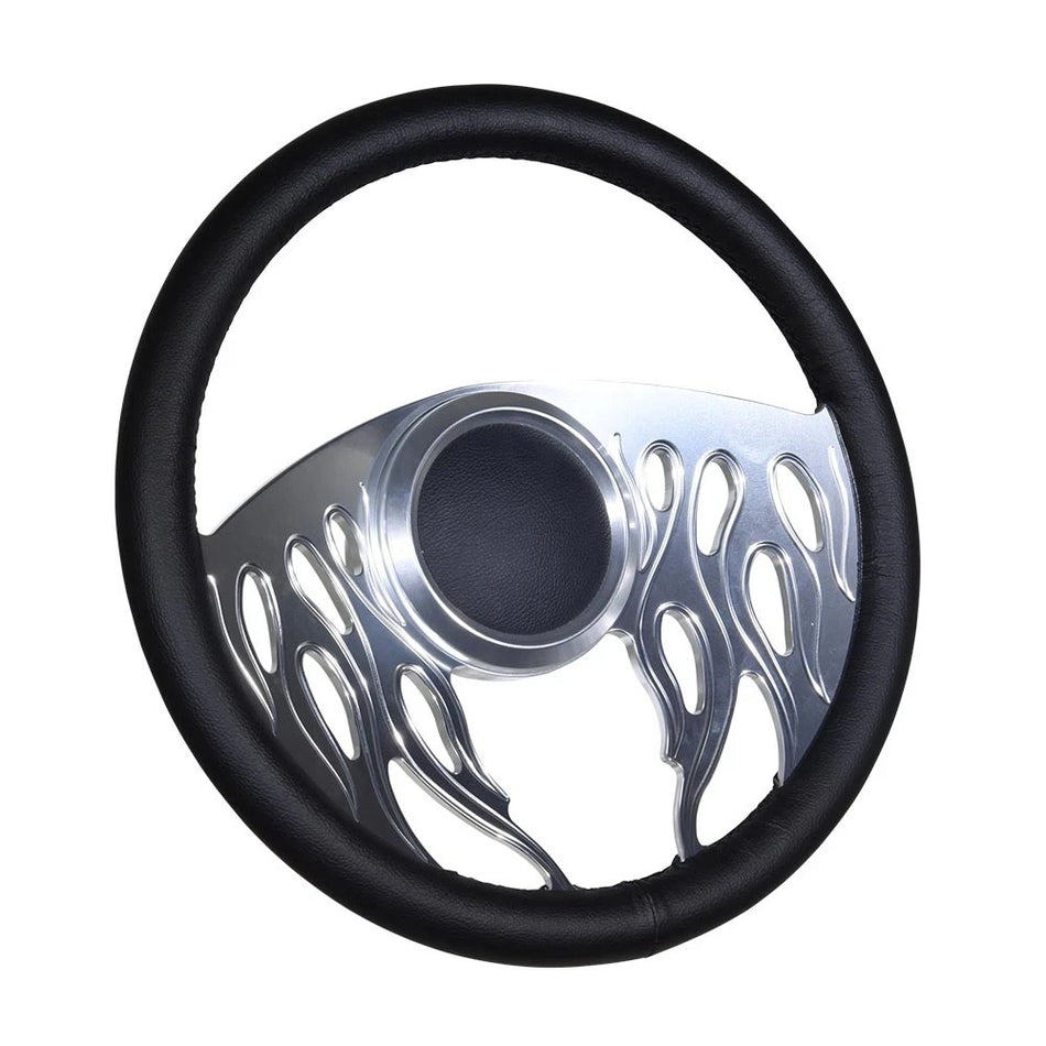 Flashpower 14'' Marine Boat Steering Wheel Satin Flames style with Black Full Wrap and 3/4'' Tapered Keyway Adapter Compatible with Boats