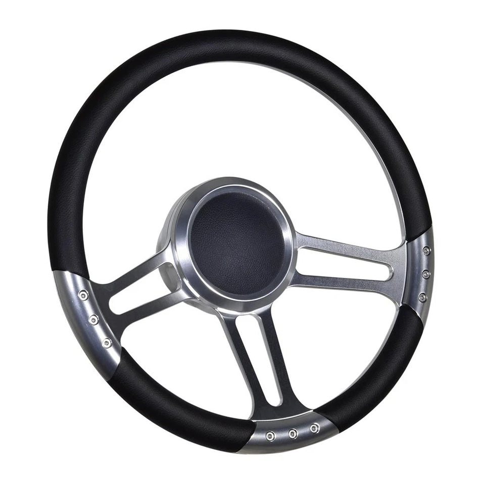 Flashpower 14'' Marine Boat Steering Wheel Satin Trinity style with Black Half Wrap and 3/4'' Tapered Keyway Adapter Compatible with Boats