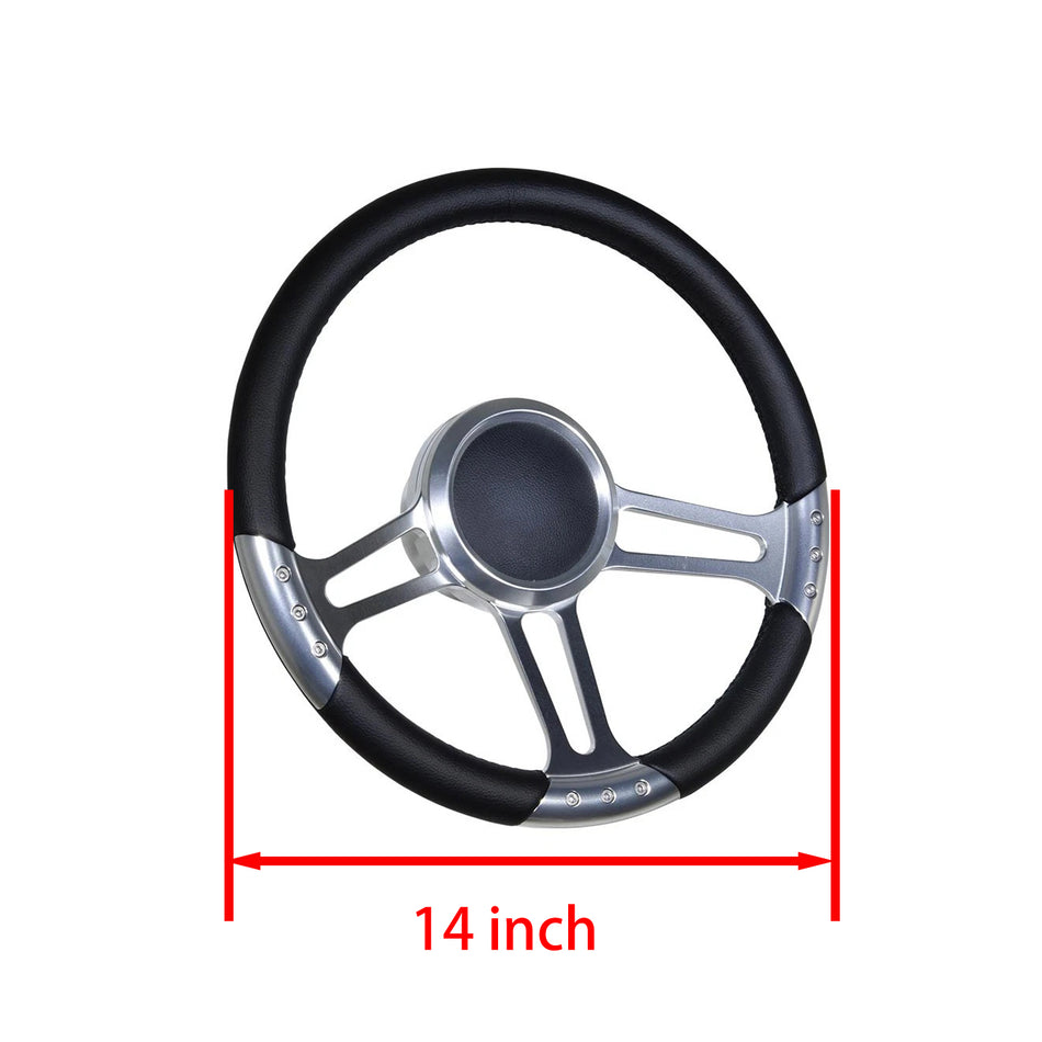 Flashpower 14'' Marine Boat Steering Wheel Satin Trinity style with Black Full Wrap and 3/4'' Tapered Keyway Adapter Compatible with Boats