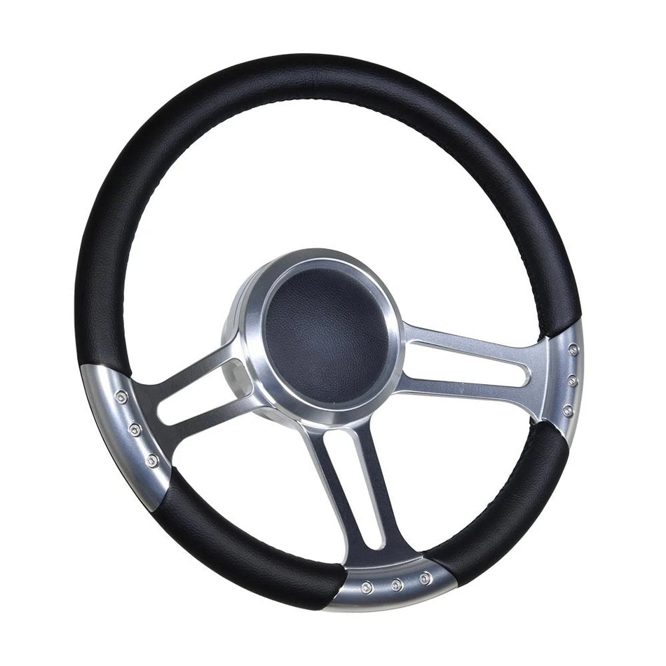 Flashpower 14'' Marine Boat Steering Wheel Satin Trinity style with Black Full Wrap and 3/4'' Tapered Keyway Adapter Compatible with Boats