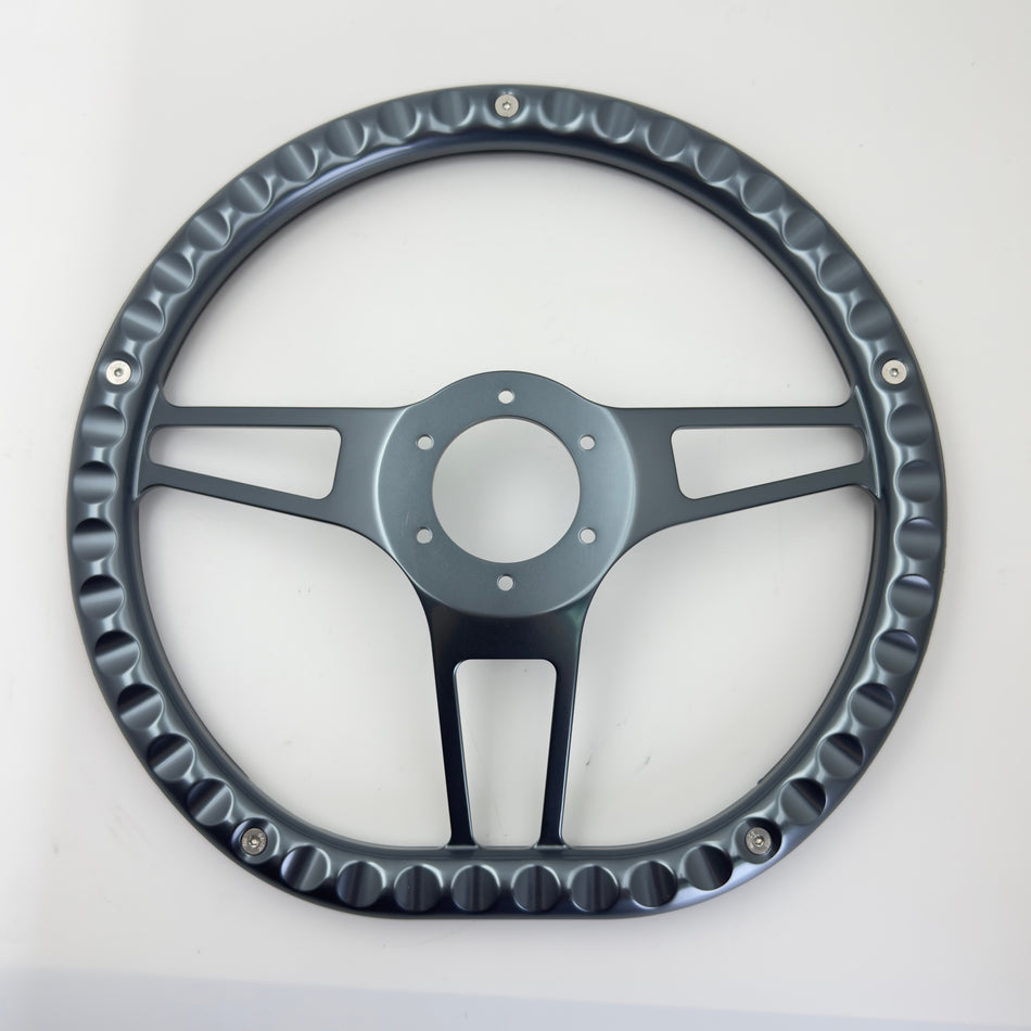 FACTORY SECOND: 14'' Gun Metal Billet Sector VI Steering Wheel Black Half Wrap W/Horn Button