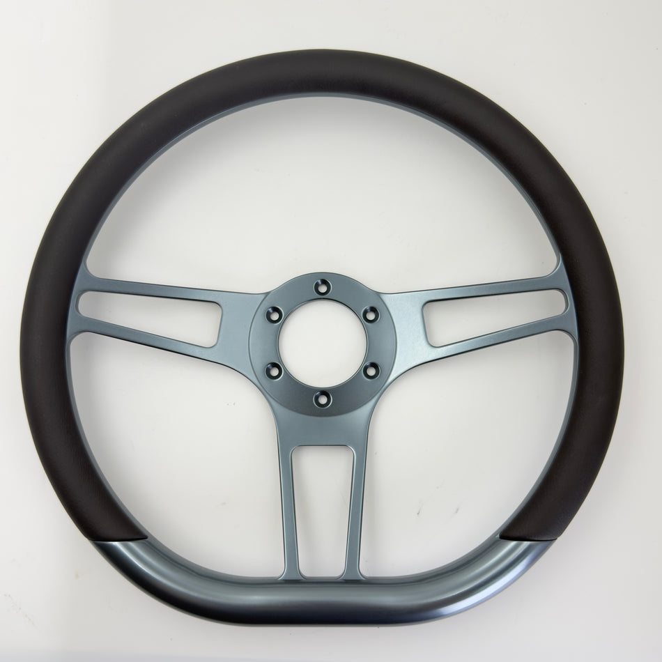 FACTORY SECOND: 14'' Gun Metal Billet Sector VI Steering Wheel Black Half Wrap W/Horn Button