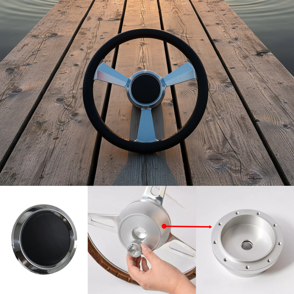Flashpower 14'' Marine Boat Steering Wheel Satin Radiant style with Black Half Wrap and 3/4'' Tapered Keyway Adapter Compatible with Boats