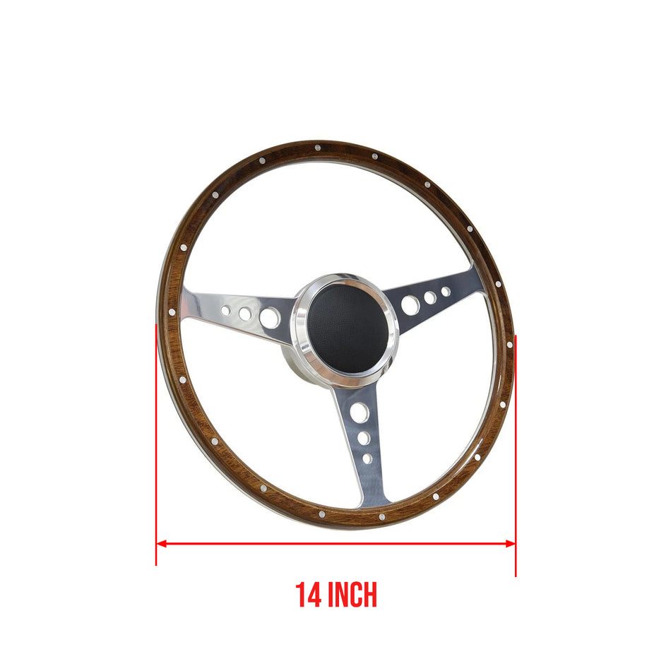 Flashpower 14 Inch Marine Boat 9 Bolt Wood Steering Wheel Aluminum Polished Finish with Adapter and Center Cap Compatible with Most Boats, Speedboats