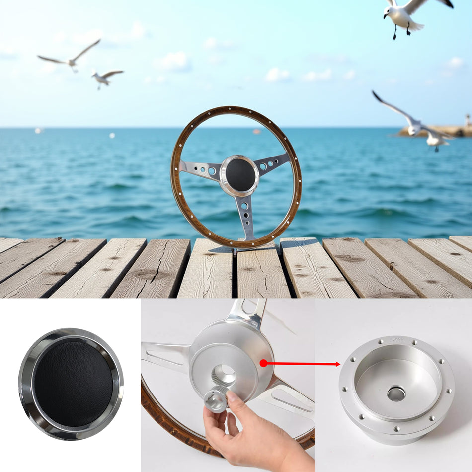 Flashpower 13 Inch Marine Boat 9 Bolt Wood Steering Wheel 6061-T6 Aluminum Polished Finish with Adapter and Center Cap Compatible with Most Boats and Classic Automotive Replacements