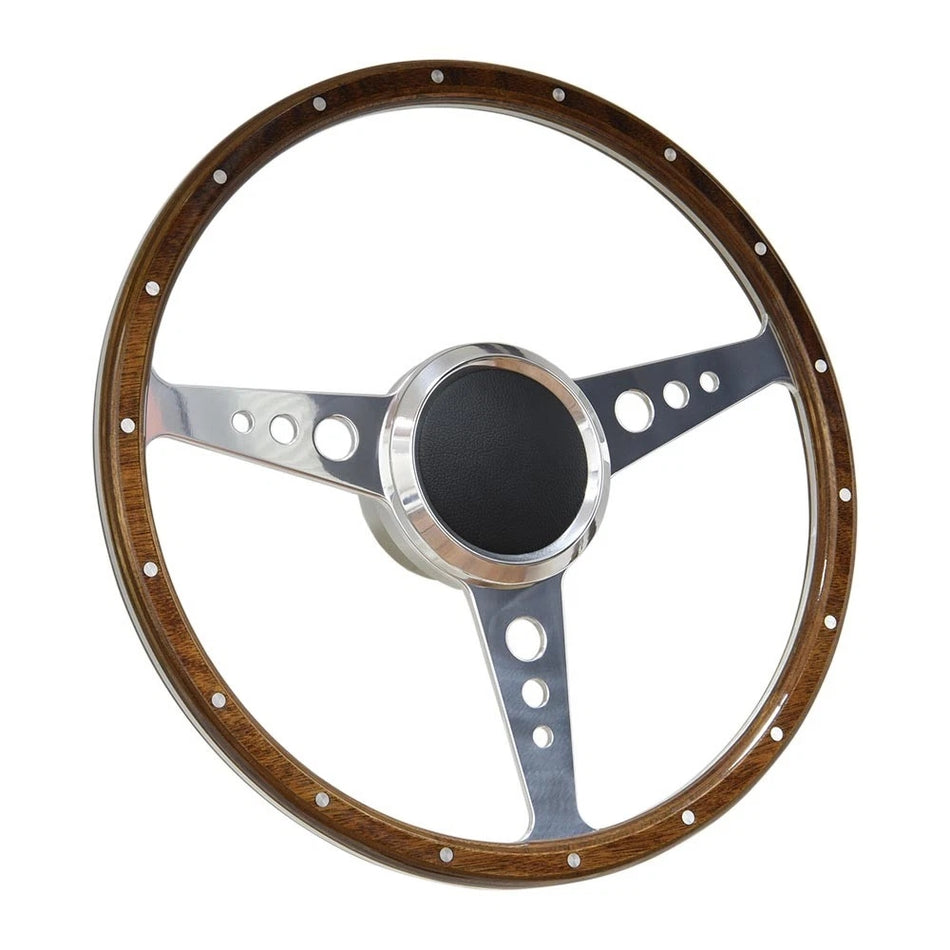 Flashpower 14 Inch Marine Boat 9 Bolt Wood Steering Wheel Aluminum Polished Finish with Adapter and Center Cap Compatible with Most Boats, Speedboats