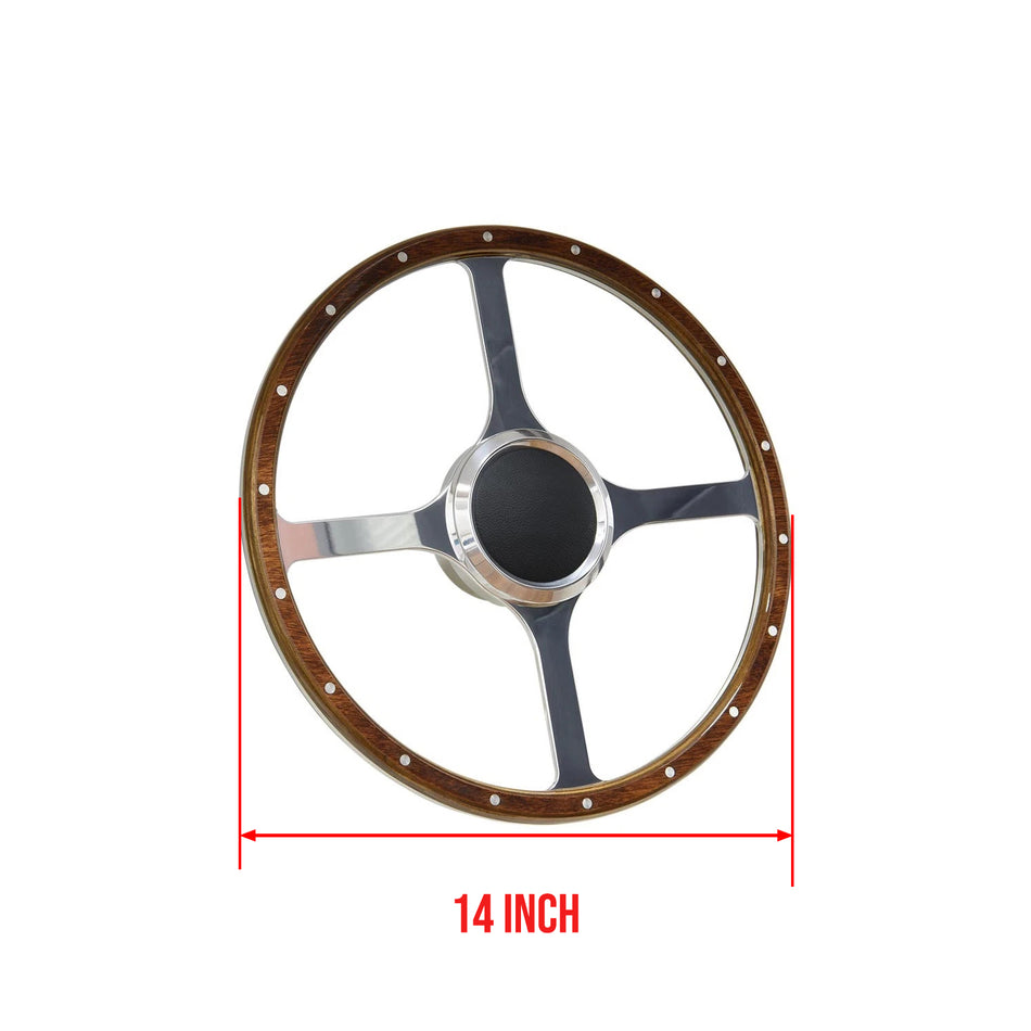 Flashpower 14 Inch Marine Boat 9 Bolt Wood Steering Wheel 6061-T6 Aluminum Polished Finish with Adapter and Center Cap Compatible with Most Boats