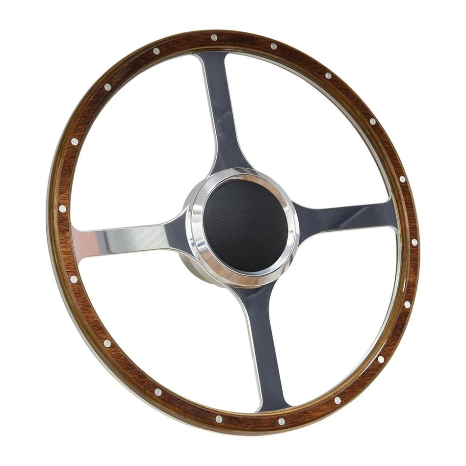 Flashpower 15 Inch Marine Boat 9 Bolt Wood Steering Wheel 6061-T6 Aluminum Polished Finish with Adapter and Center Cap Compatible with Most Boats and Classic Automotive Replacements