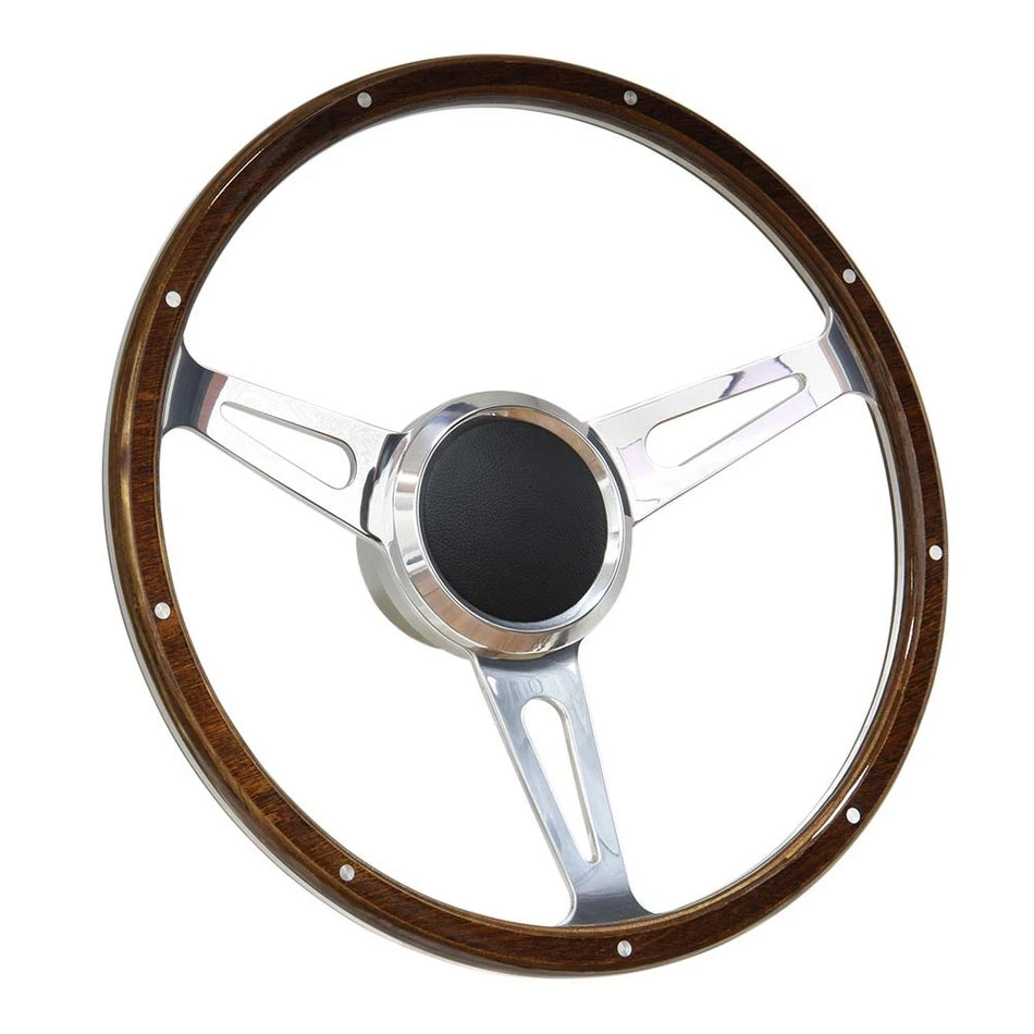 Flashpower 15 Inch Marine Boat 9 Bolt Wood Steering Wheel Aluminum Polished Finish with Adapter and Center Cap Compatible with Most Boats, Speedboats, Yachts and Classic Automotive Replacements