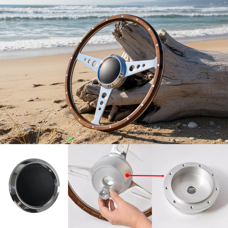 Flashpower 15 Inch Marine Boat 9 Bolt Wood Steering Wheel 6061-T6 Aluminum Polished Finish with Adapter and Center Cap Compatible with Most Boats and Classic Automotive Replacements