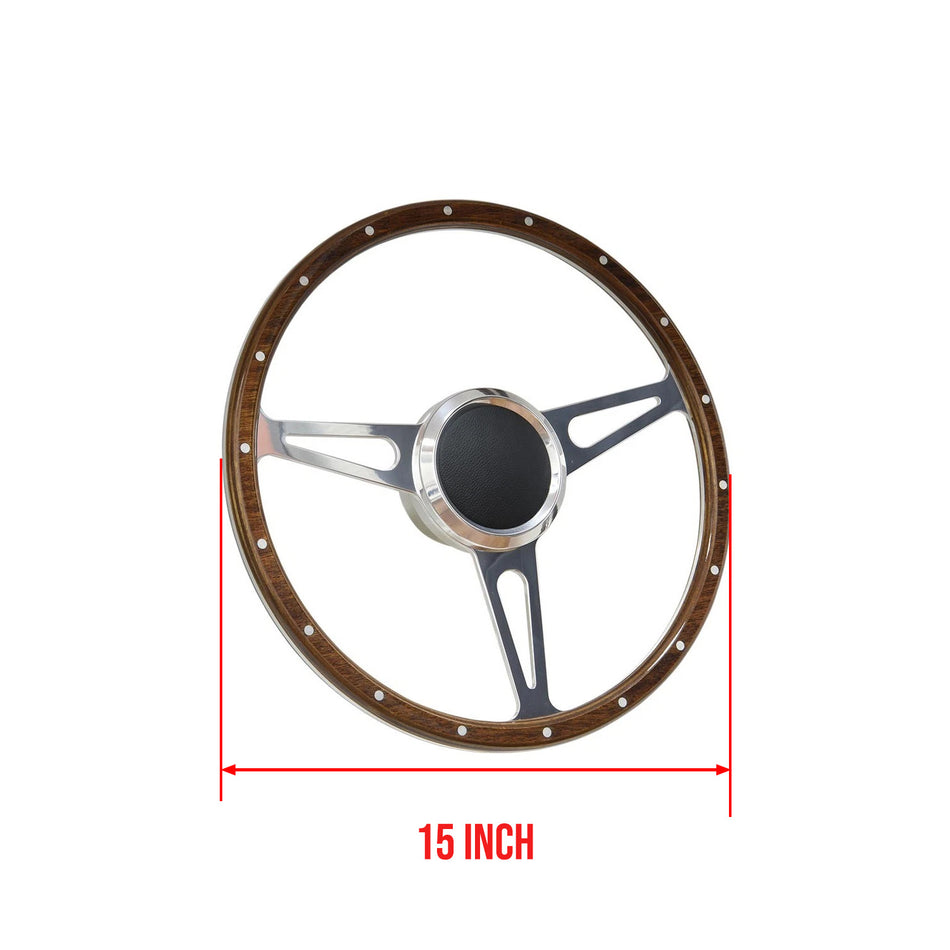 Flashpower 15 Inch Marine Boat 9 Bolt Wood Steering Wheel 6061-T6 Aluminum Polished Finish with Adapter and Center Cap Compatible with Most Boats and Classic Automotive Replacements