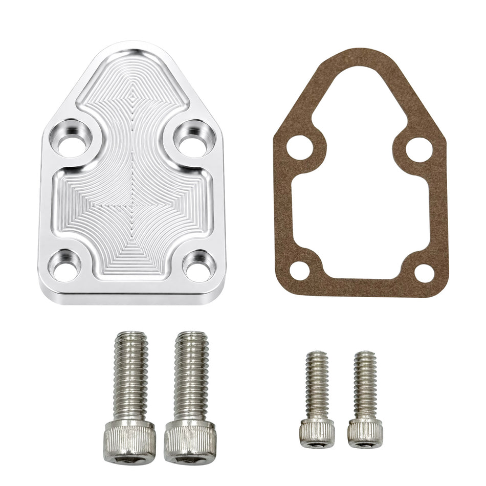 Flashpower Billet SBC Chevy Fuel Pump Block-Off Plate Kit Clear Anodized