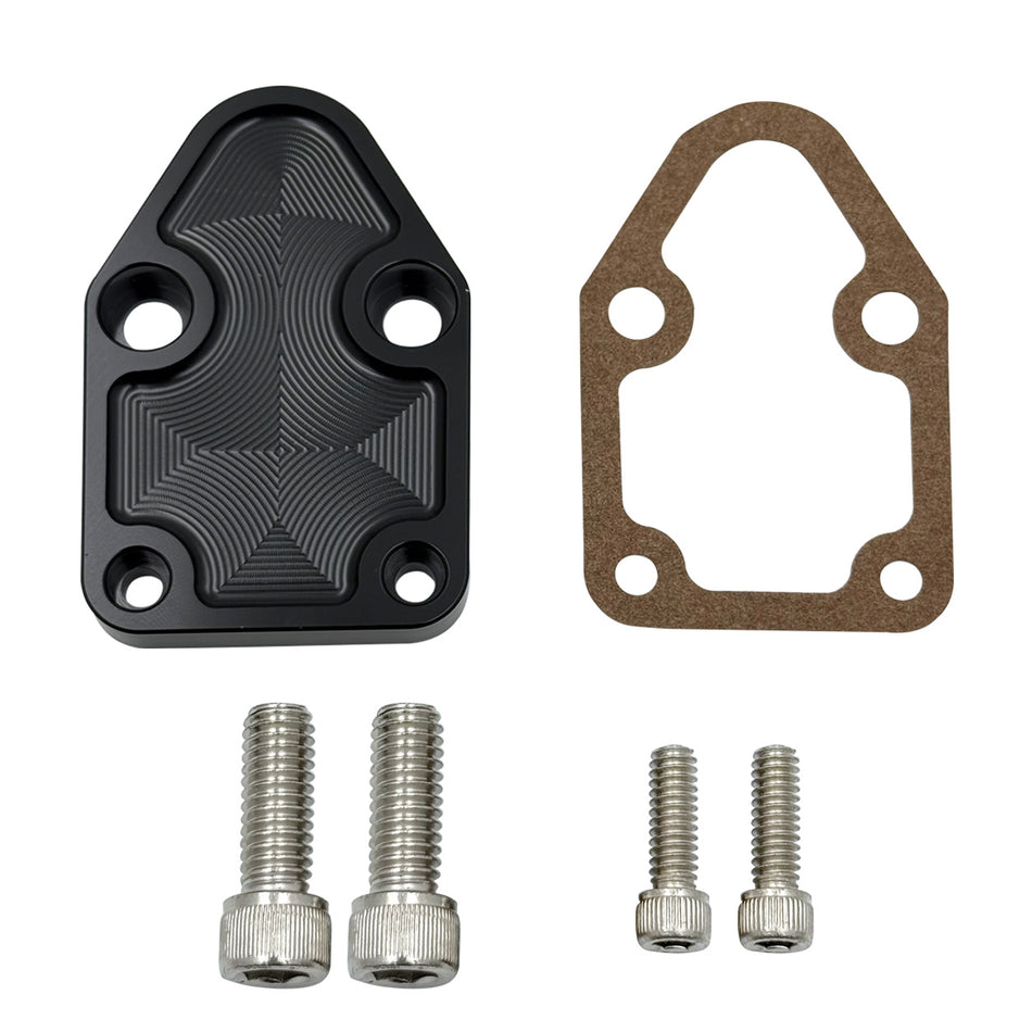 Flashpower Billet SBC Chevy Fuel Pump Block-Off Plate Kit Black Anodized