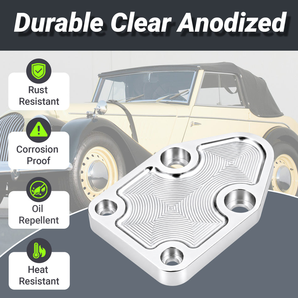 Flashpower Billet SBC Chevy Fuel Pump Block-Off Plate Kit Clear Anodized