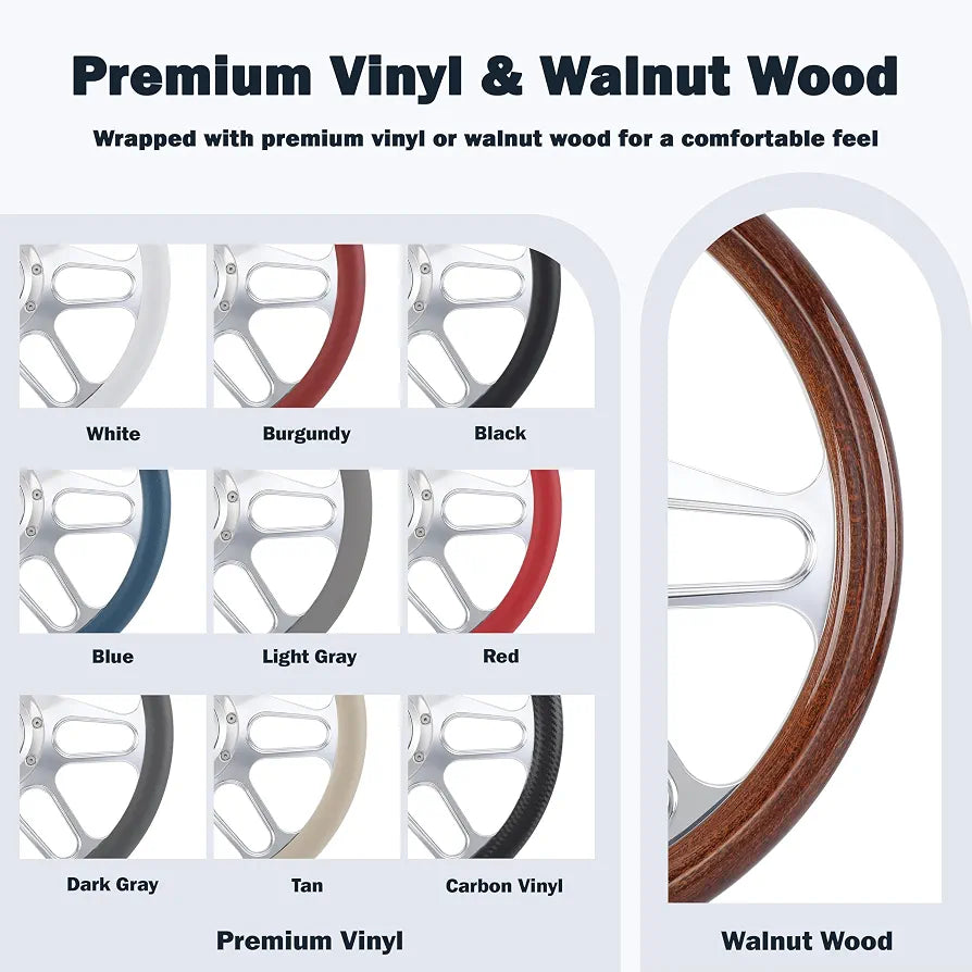 Polished 14" BILLET 9 HOLE STEERING WHEEL KIT W/HORN BUTTON & ADAPTER