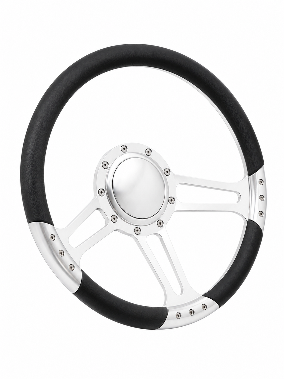 14'' Satin Billet 9 Bolt Trinity Steering Wheels  Wrap Impala Wrangler YJ Cherokee Jeep w/Horn-Black half wrap