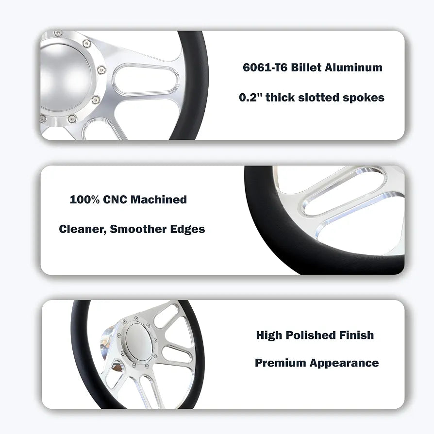 Polished 14" BILLET 9 HOLE STEERING WHEEL KIT W/HORN BUTTON & ADAPTER