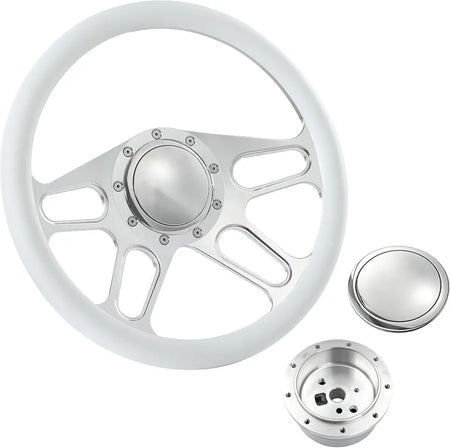 Polished 14" BILLET 9 HOLE STEERING WHEEL KIT W/HORN BUTTON & ADAPTER