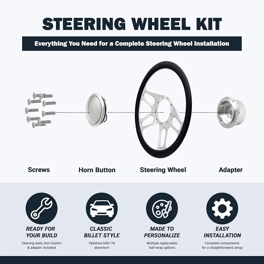 Polished 14" BILLET 9 HOLE STEERING WHEEL KIT W/HORN BUTTON & ADAPTER