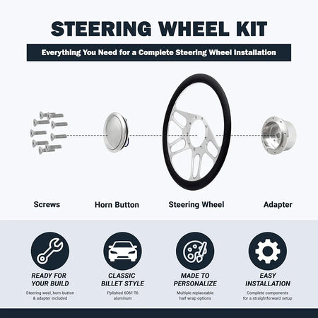 Polished 14" BILLET 9 HOLE STEERING WHEEL KIT W/HORN BUTTON & ADAPTER
