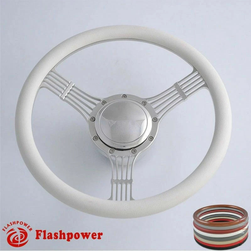 14'' Billet Steering Wheels White Half Wrap Banjo Ford w/ Horn Button & Adapter