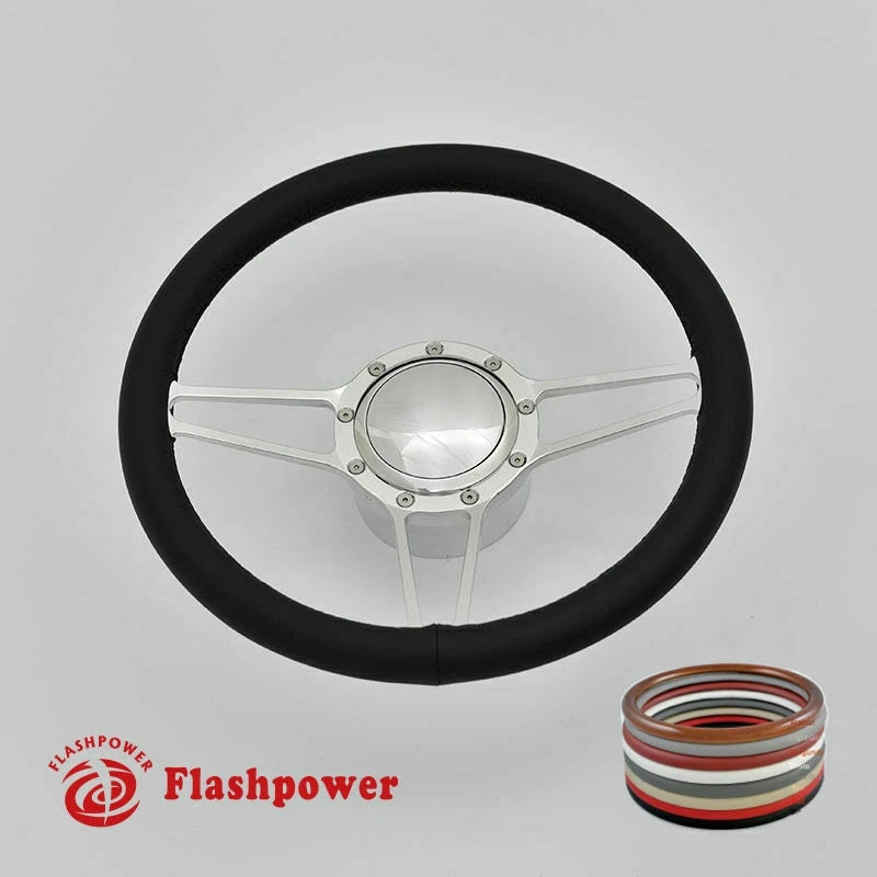 Polished 14" BILLET 9 HOLE STEERING WHEEL KIT W/HORN BUTTON & ADAPTER