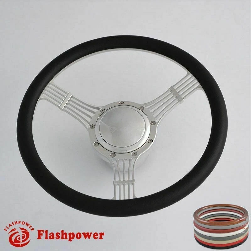 14'' Billet Steering Wheels White Half Wrap Banjo Ford w/ Horn Button & Adapter