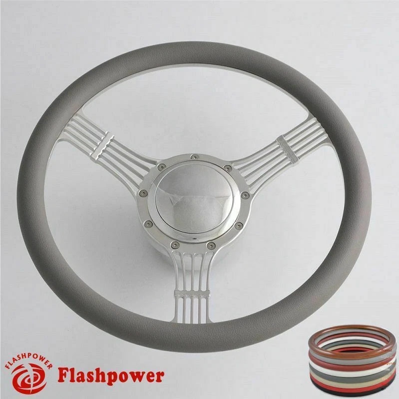 14'' Billet Steering Wheels White Half Wrap Banjo Ford w/ Horn Button & Adapter