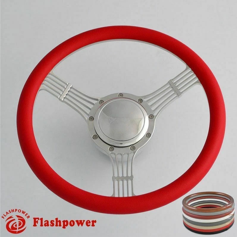 14'' Billet Steering Wheels White Half Wrap Banjo Ford w/ Horn Button & Adapter