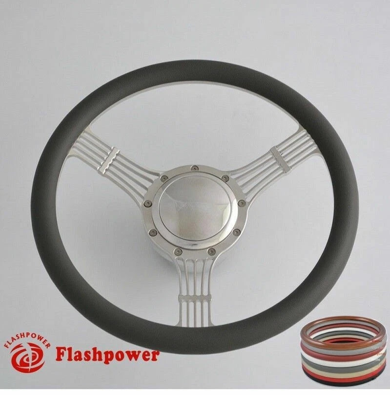 14'' Billet Steering Wheels White Half Wrap Banjo Ford w/ Horn Button & Adapter