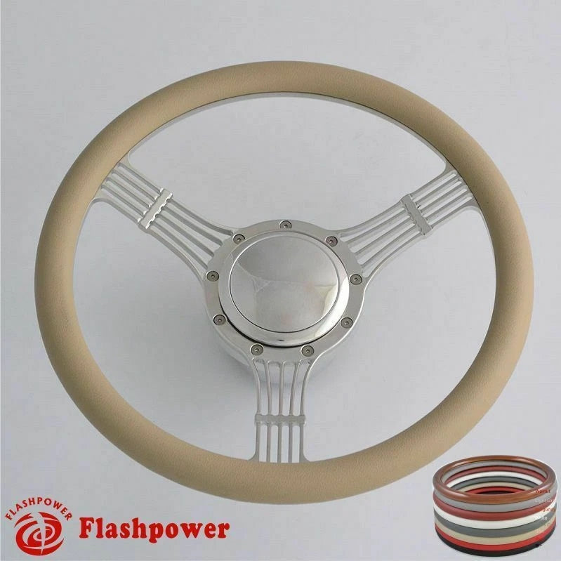 14'' Billet Steering Wheels White Half Wrap Banjo Ford w/ Horn Button & Adapter