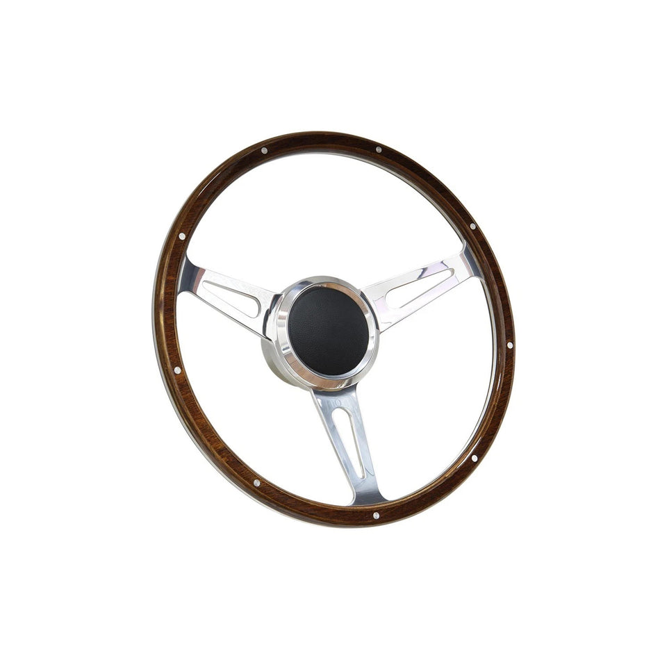 Flashpower 14 Inch Marine Boat 9 Bolt Wood Steering Wheel Aluminum Polished Finish with Adapter and Center Cap Compatible with Most Boats, Speedboats, Yachts and Classic Automotive Replacements