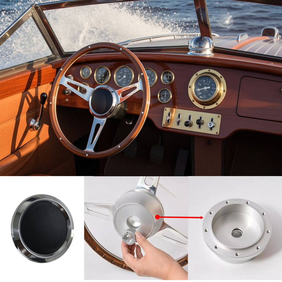Flashpower 16 Inch Marine Boat 9 Bolt Wood Steering Wheel Aluminum Polished Finish with Adapter and Center Cap Compatible with Most Boats, Speedboats, Yachts and Classic Automotive Replacements